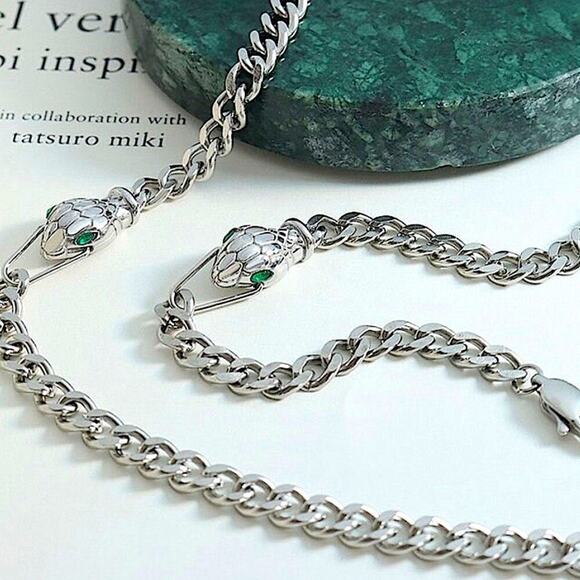 Silver Snake Choker Bracelet Matching Set, Chain Link, Serpent, Necklace - Picture 4 of 7